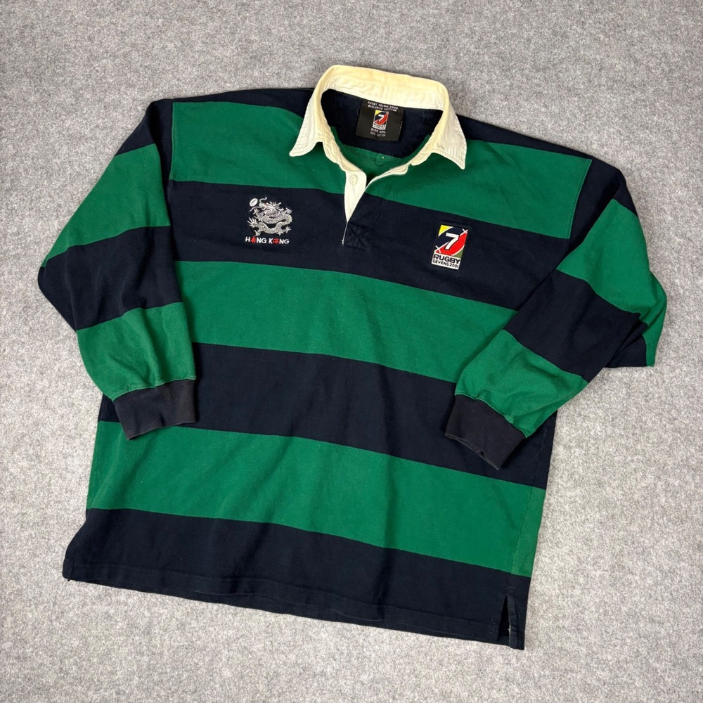 Vintage Hong Kong Rugby Sevens 2001 Shirt M XXL Green Navy Striped Long Sleeve
